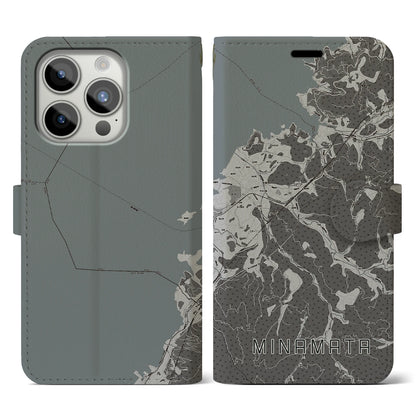 【水俣（熊本県）】地図柄iPhoneケース（手帳タイプ）モノトーン・iPhone 15 Pro 用