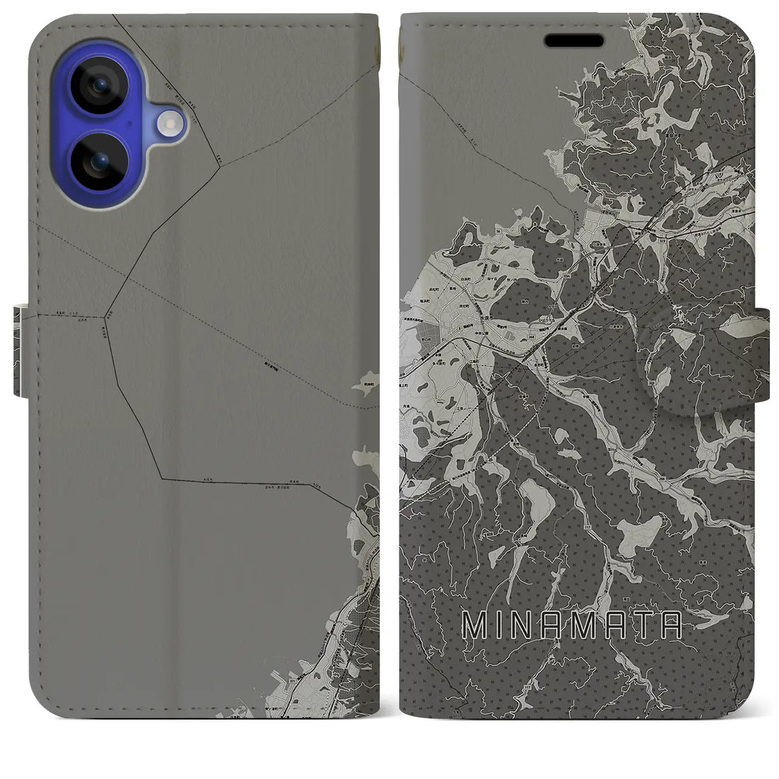 【水俣(熊本県)】地図柄iPhoneケース(手帳タイプ)モノトーン・iPhone 16 Pro Max 用