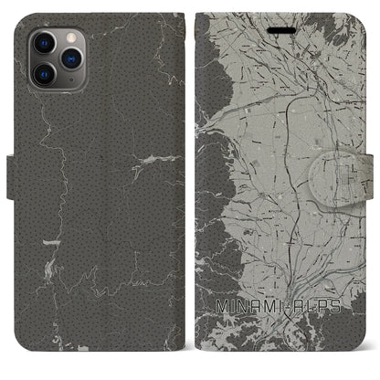 【南アルプス（山梨県）】地図柄iPhoneケース（手帳タイプ）モノトーン・iPhone 11 Pro Max 用