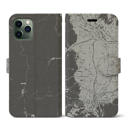 【南アルプス（山梨県）】地図柄iPhoneケース（手帳タイプ）モノトーン・iPhone 11 Pro 用