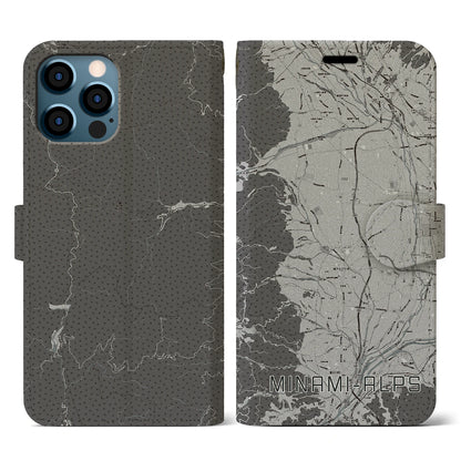 【南アルプス（山梨県）】地図柄iPhoneケース（手帳タイプ）モノトーン・iPhone 12 / 12 Pro 用