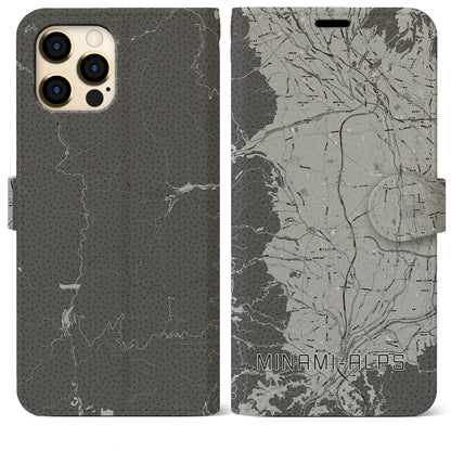 【南アルプス（山梨県）】地図柄iPhoneケース（手帳タイプ）モノトーン・iPhone 12 Pro Max 用