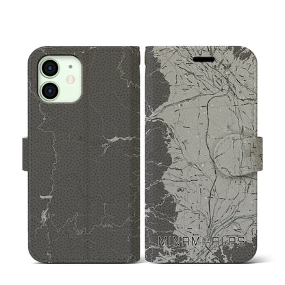 【南アルプス（山梨県）】地図柄iPhoneケース（手帳タイプ）モノトーン・iPhone 12 mini 用