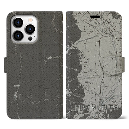 【南アルプス（山梨県）】地図柄iPhoneケース（手帳タイプ）モノトーン・iPhone 13 Pro 用