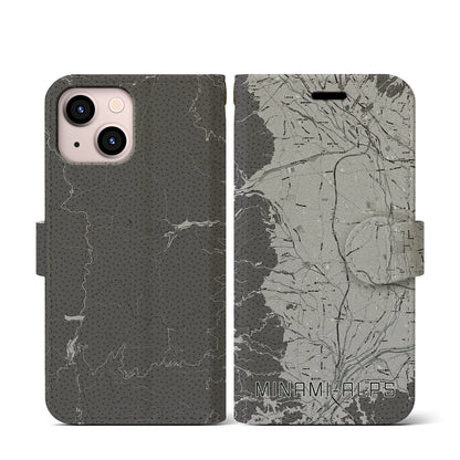 【南アルプス（山梨県）】地図柄iPhoneケース（手帳タイプ）モノトーン・iPhone 13 mini 用