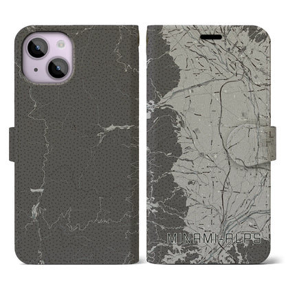 【南アルプス（山梨県）】地図柄iPhoneケース（手帳タイプ）モノトーン・iPhone 14 用