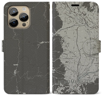 【南アルプス（山梨県）】地図柄iPhoneケース（手帳タイプ）モノトーン・iPhone 14 Pro Max 用