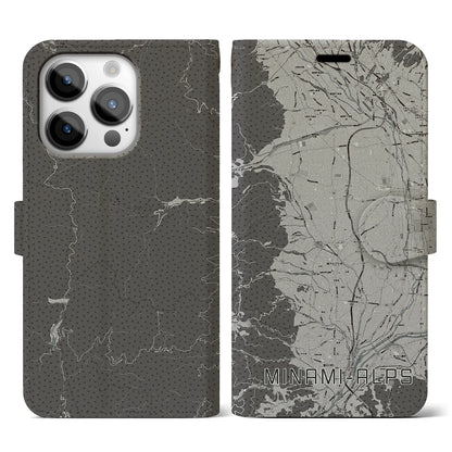 【南アルプス（山梨県）】地図柄iPhoneケース（手帳タイプ）モノトーン・iPhone 14 Pro 用
