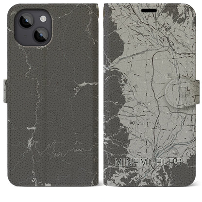 【南アルプス（山梨県）】地図柄iPhoneケース（手帳タイプ）モノトーン・iPhone 14 Plus 用
