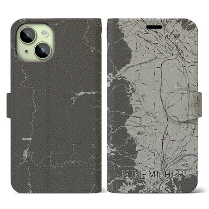 【南アルプス（山梨県）】地図柄iPhoneケース（手帳タイプ）モノトーン・iPhone 15 用