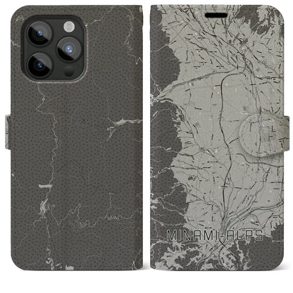 【南アルプス（山梨県）】地図柄iPhoneケース（手帳タイプ）モノトーン・iPhone 15 Pro Max 用
