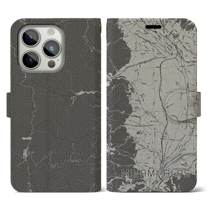 【南アルプス（山梨県）】地図柄iPhoneケース（手帳タイプ）モノトーン・iPhone 15 Pro 用