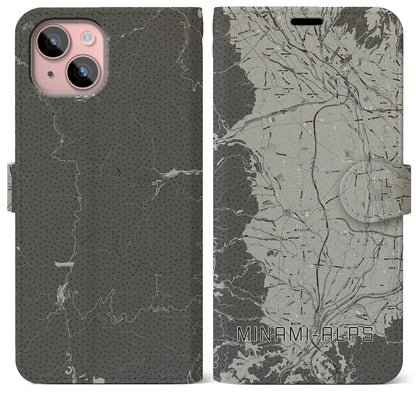 【南アルプス（山梨県）】地図柄iPhoneケース（手帳タイプ）モノトーン・iPhone 15 Plus 用