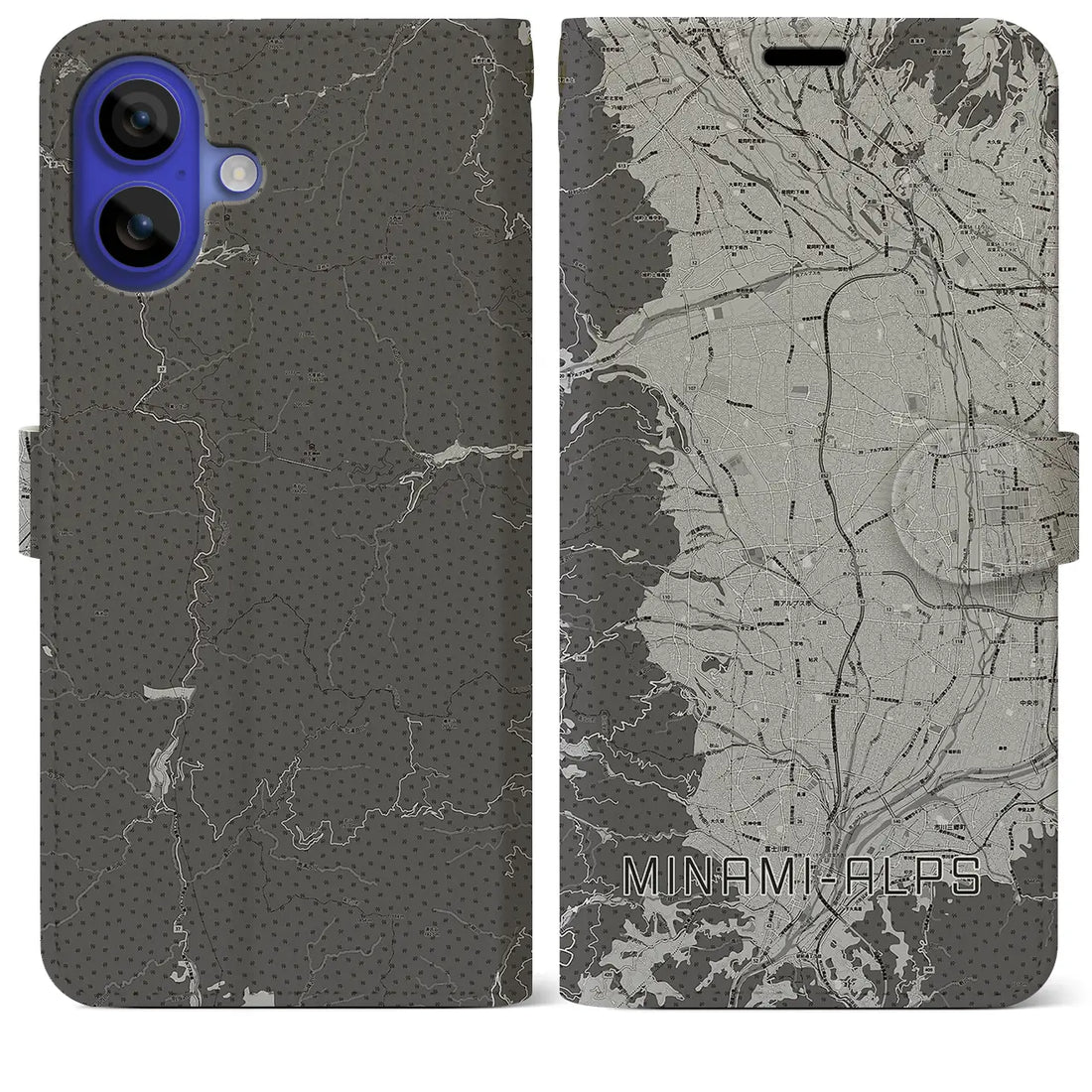 【南アルプス(山梨県)】地図柄iPhoneケース(手帳タイプ)モノトーン・iPhone 16 Pro Max 用