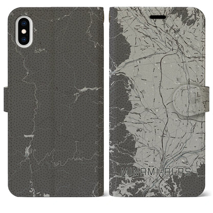 【南アルプス（山梨県）】地図柄iPhoneケース（手帳タイプ）モノトーン・iPhone XS Max 用
