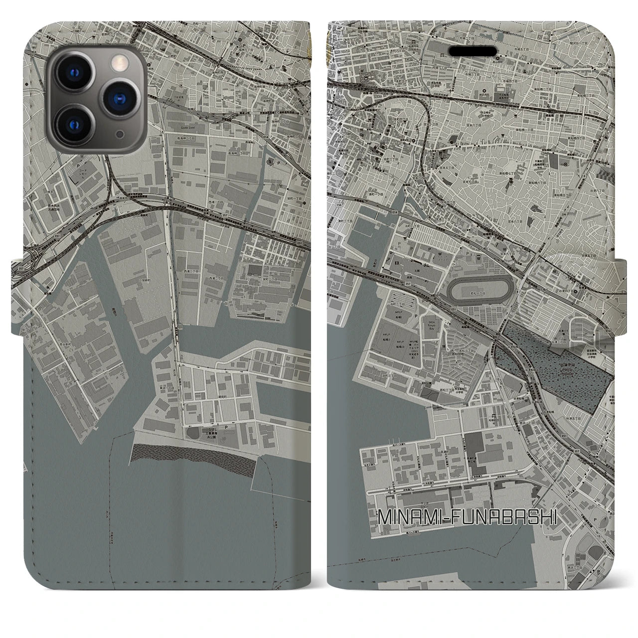 【南船橋】地図柄iPhoneケース（手帳両面タイプ・モノトーン）iPhone 11 Pro Max 用