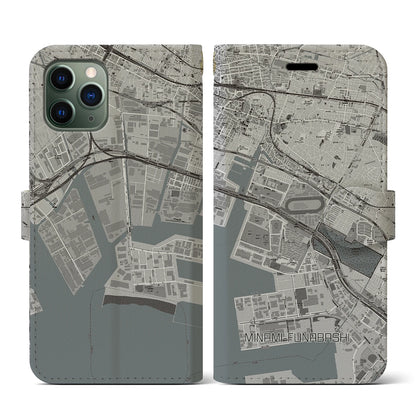 【南船橋（千葉県）】地図柄iPhoneケース（手帳タイプ）モノトーン・iPhone 11 Pro 用