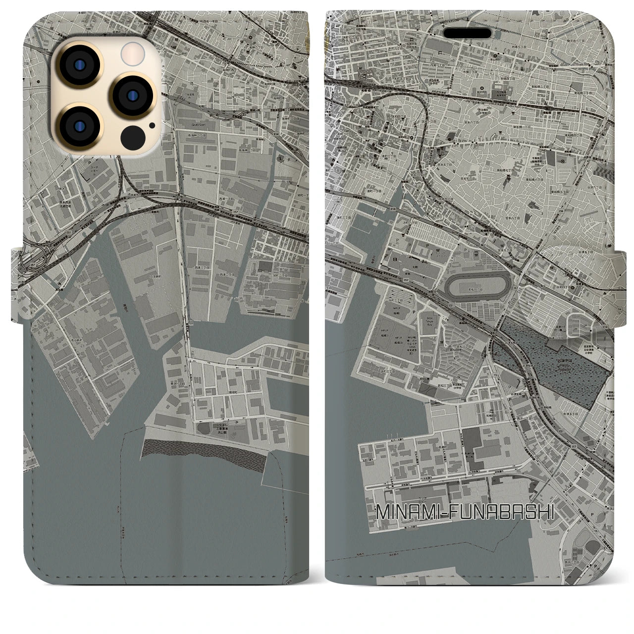 【南船橋】地図柄iPhoneケース（手帳両面タイプ・モノトーン）iPhone 12 Pro Max 用