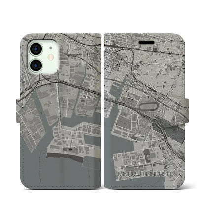 【南船橋（千葉県）】地図柄iPhoneケース（手帳タイプ）モノトーン・iPhone 12 mini 用