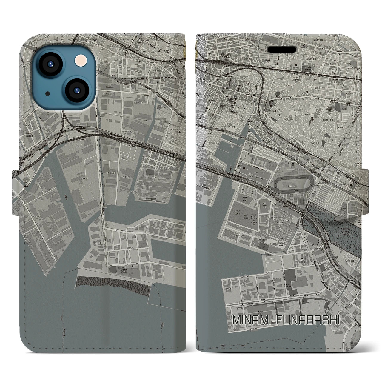 【南船橋】地図柄iPhoneケース（手帳両面タイプ・モノトーン）iPhone 13 用