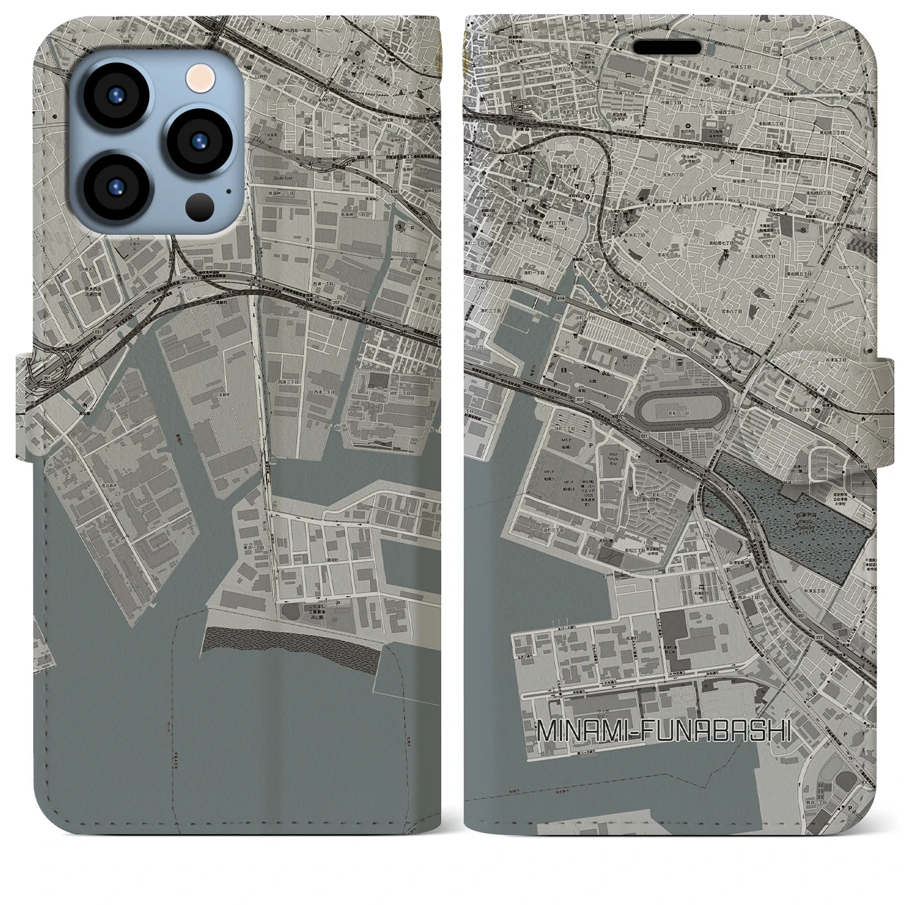 【南船橋】地図柄iPhoneケース（手帳両面タイプ・モノトーン）iPhone 13 Pro Max 用