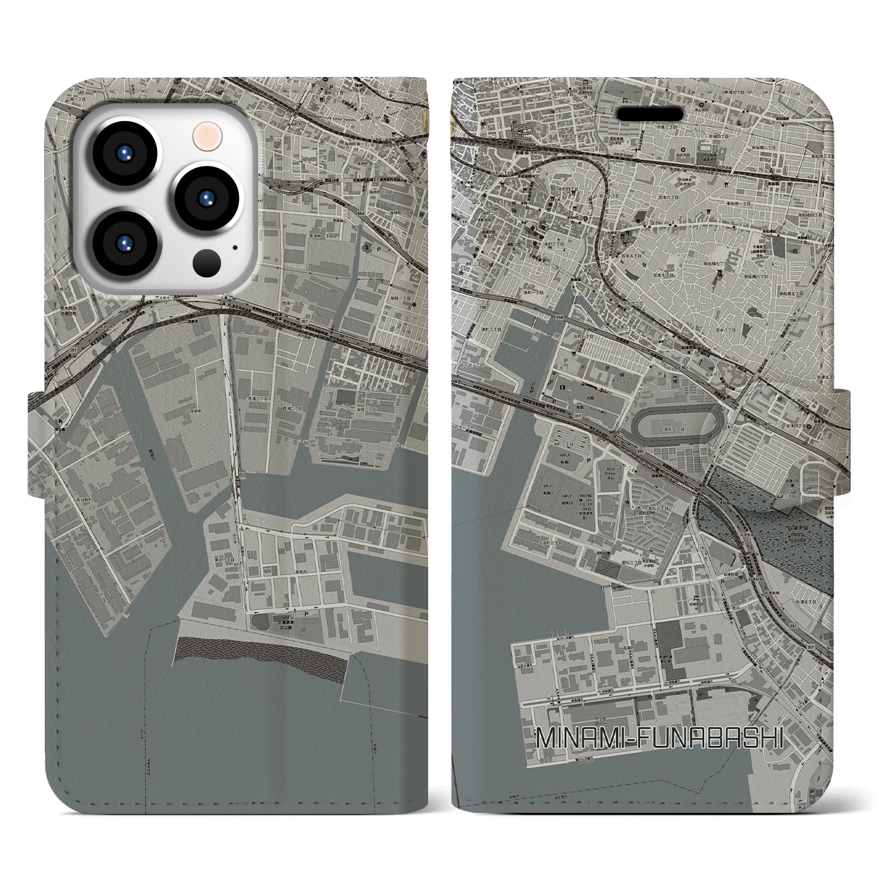【南船橋】地図柄iPhoneケース（手帳両面タイプ・モノトーン）iPhone 13 Pro 用