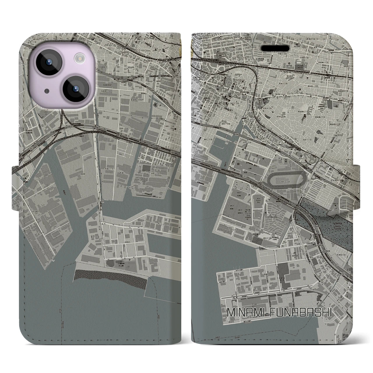 【南船橋】地図柄iPhoneケース（手帳両面タイプ・モノトーン）iPhone 14 用