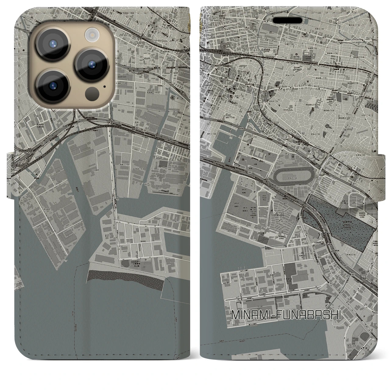 【南船橋】地図柄iPhoneケース（手帳両面タイプ・モノトーン）iPhone 14 Pro Max 用