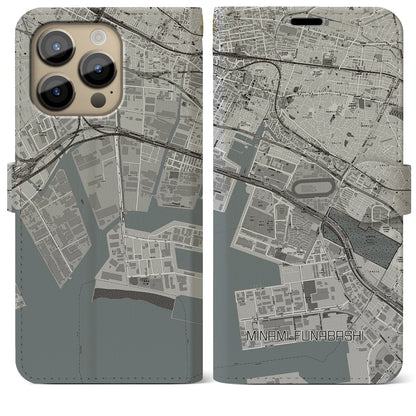 【南船橋（千葉県）】地図柄iPhoneケース（手帳タイプ）モノトーン・iPhone 14 Pro Max 用