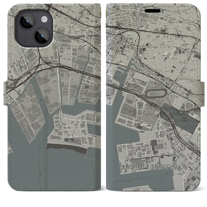 【南船橋（千葉県）】地図柄iPhoneケース（手帳タイプ）モノトーン・iPhone 14 Plus 用