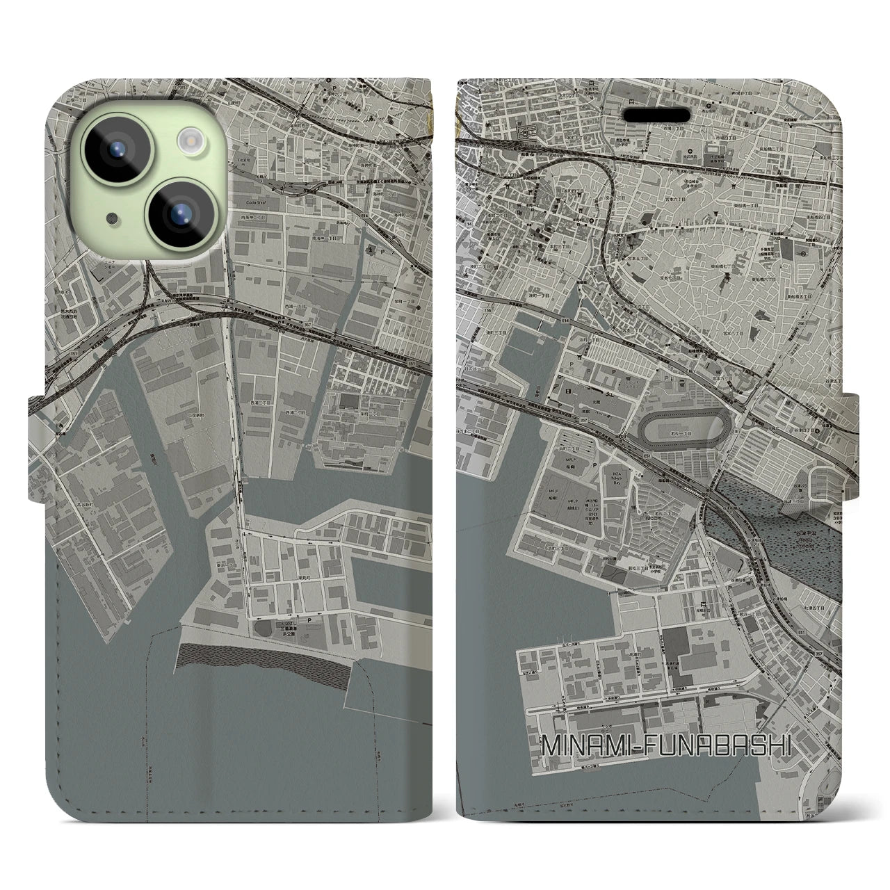 【南船橋】地図柄iPhoneケース（手帳両面タイプ・モノトーン）iPhone 15 用