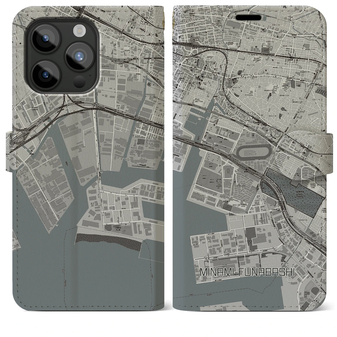 【南船橋】地図柄iPhoneケース（手帳両面タイプ・モノトーン）iPhone 15 Pro Max 用