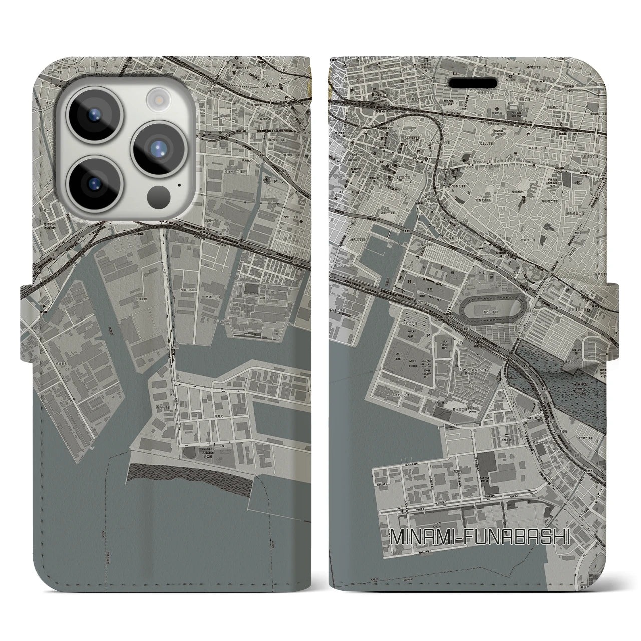 【南船橋】地図柄iPhoneケース（手帳両面タイプ・モノトーン）iPhone 15 Pro 用