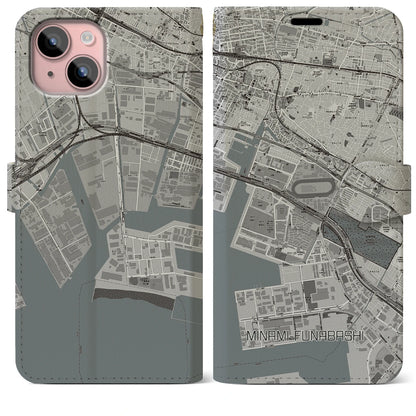 【南船橋（千葉県）】地図柄iPhoneケース（手帳タイプ）モノトーン・iPhone 15 Plus 用