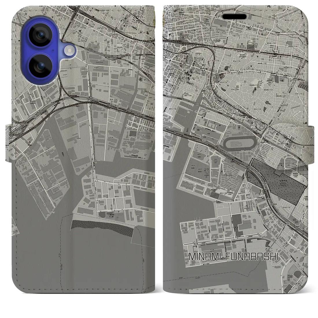 【南船橋(千葉県)】地図柄iPhoneケース(手帳タイプ)モノトーン・iPhone 16 Pro Max 用