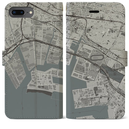 【南船橋（千葉県）】地図柄iPhoneケース（手帳タイプ）モノトーン・iPhone 8Plus /7Plus / 6sPlus / 6Plus 用