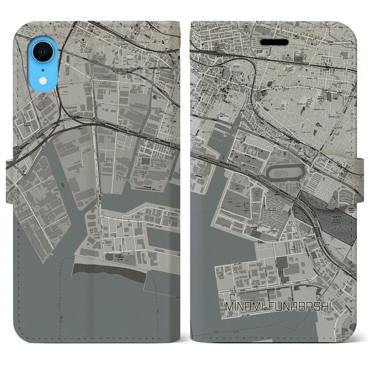 【南船橋】地図柄iPhoneケース（手帳両面タイプ・モノトーン）iPhone XR 用