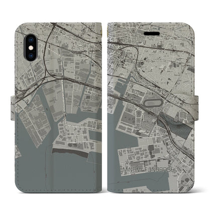 【南船橋（千葉県）】地図柄iPhoneケース（手帳タイプ）モノトーン・iPhone XS / X 用