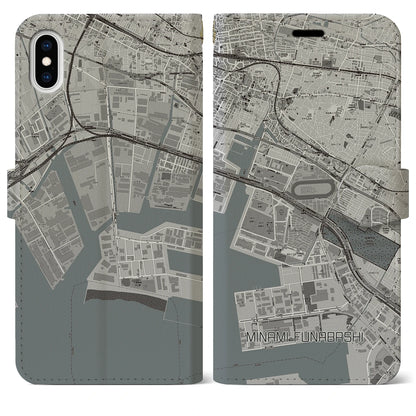 【南船橋（千葉県）】地図柄iPhoneケース（手帳タイプ）モノトーン・iPhone XS Max 用