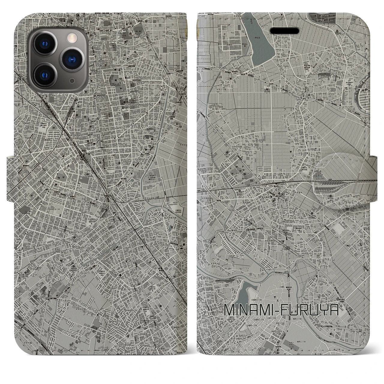 【南古谷】地図柄iPhoneケース（手帳両面タイプ・モノトーン）iPhone 11 Pro Max 用