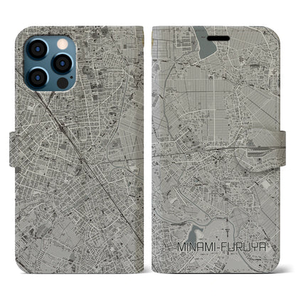 【南古谷（埼玉県）】地図柄iPhoneケース（手帳タイプ）モノトーン・iPhone 12 / 12 Pro 用