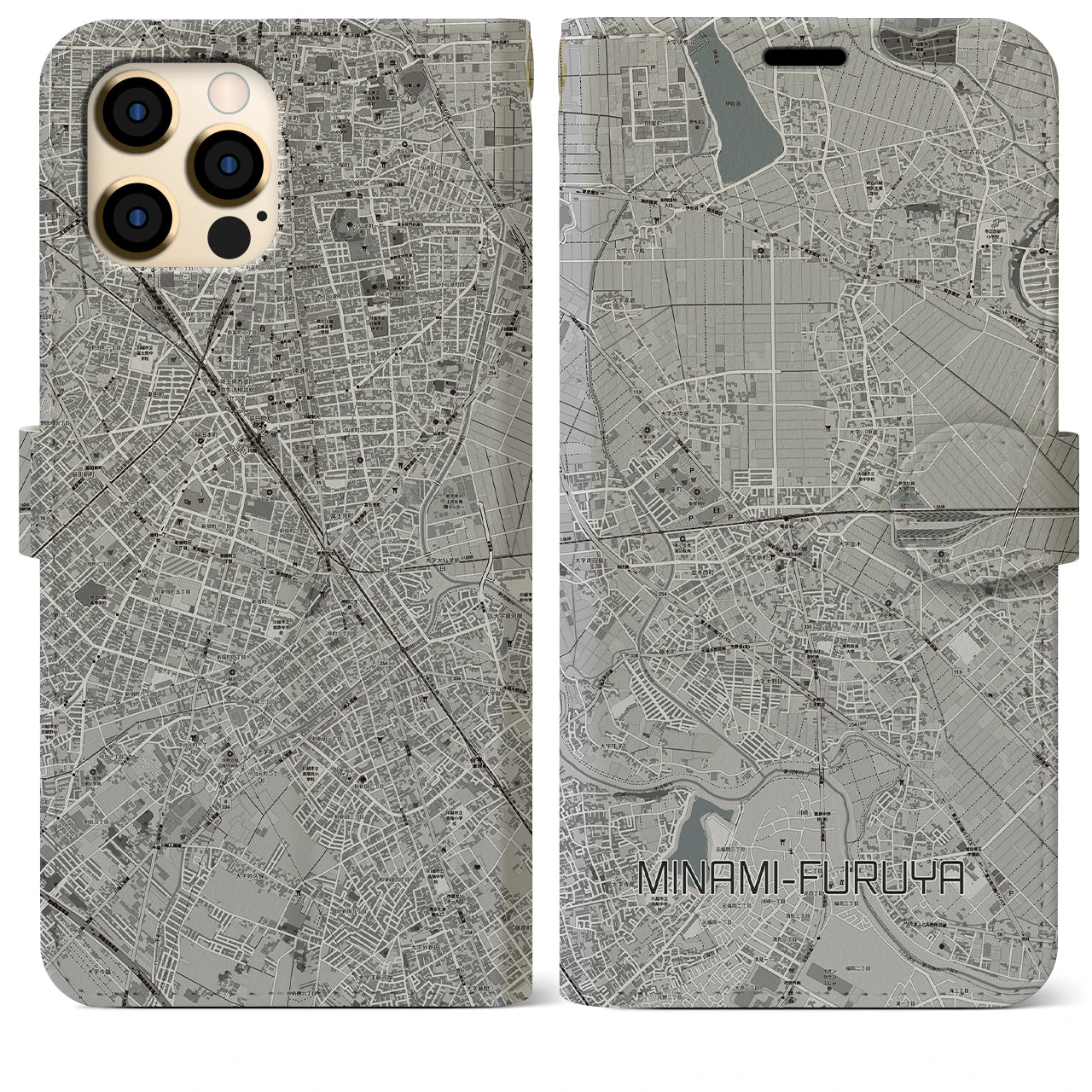 【南古谷】地図柄iPhoneケース（手帳両面タイプ・モノトーン）iPhone 12 Pro Max 用