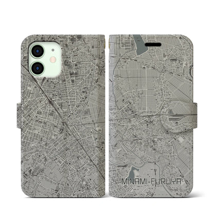 【南古谷（埼玉県）】地図柄iPhoneケース（手帳タイプ）モノトーン・iPhone 12 mini 用