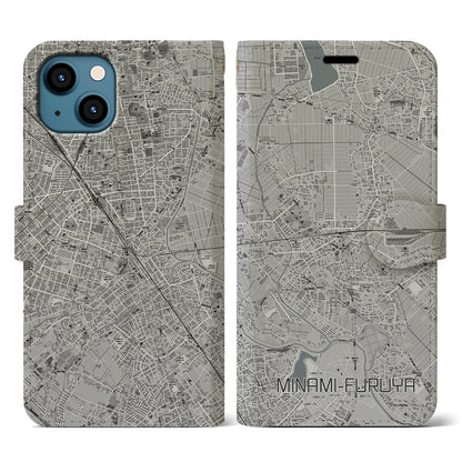 【南古谷（埼玉県）】地図柄iPhoneケース（手帳タイプ）モノトーン・iPhone 13 用