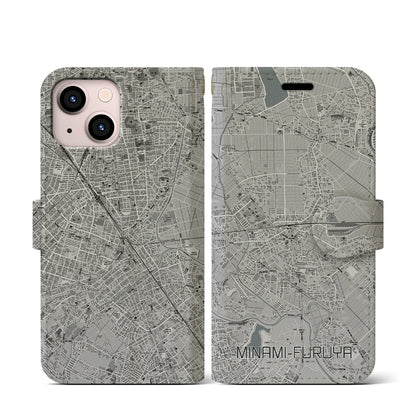 【南古谷（埼玉県）】地図柄iPhoneケース（手帳タイプ）モノトーン・iPhone 13 mini 用