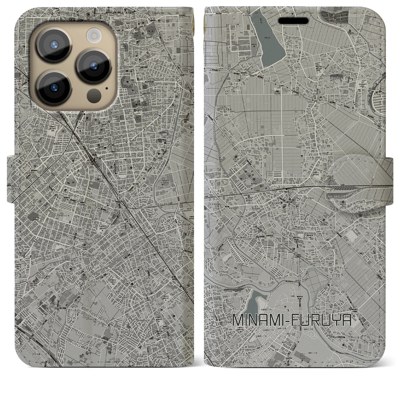 【南古谷】地図柄iPhoneケース（手帳両面タイプ・モノトーン）iPhone 14 Pro Max 用