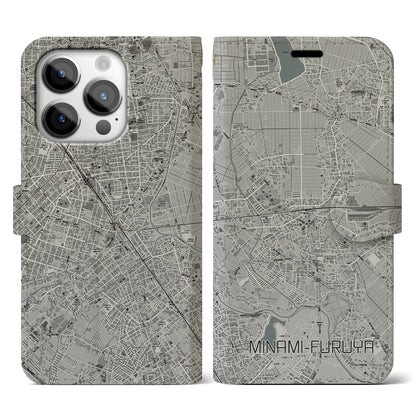 【南古谷（埼玉県）】地図柄iPhoneケース（手帳タイプ）モノトーン・iPhone 14 Pro 用