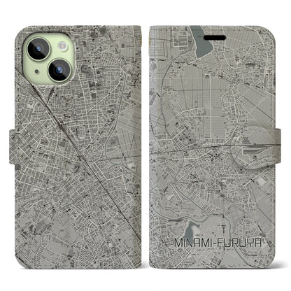 【南古谷（埼玉県）】地図柄iPhoneケース（手帳タイプ）モノトーン・iPhone 15 用