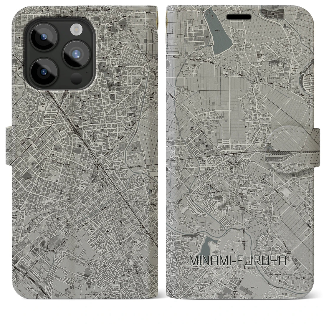 【南古谷】地図柄iPhoneケース（手帳両面タイプ・モノトーン）iPhone 15 Pro Max 用