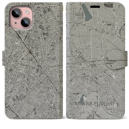 【南古谷（埼玉県）】地図柄iPhoneケース（手帳タイプ）モノトーン・iPhone 15 Plus 用